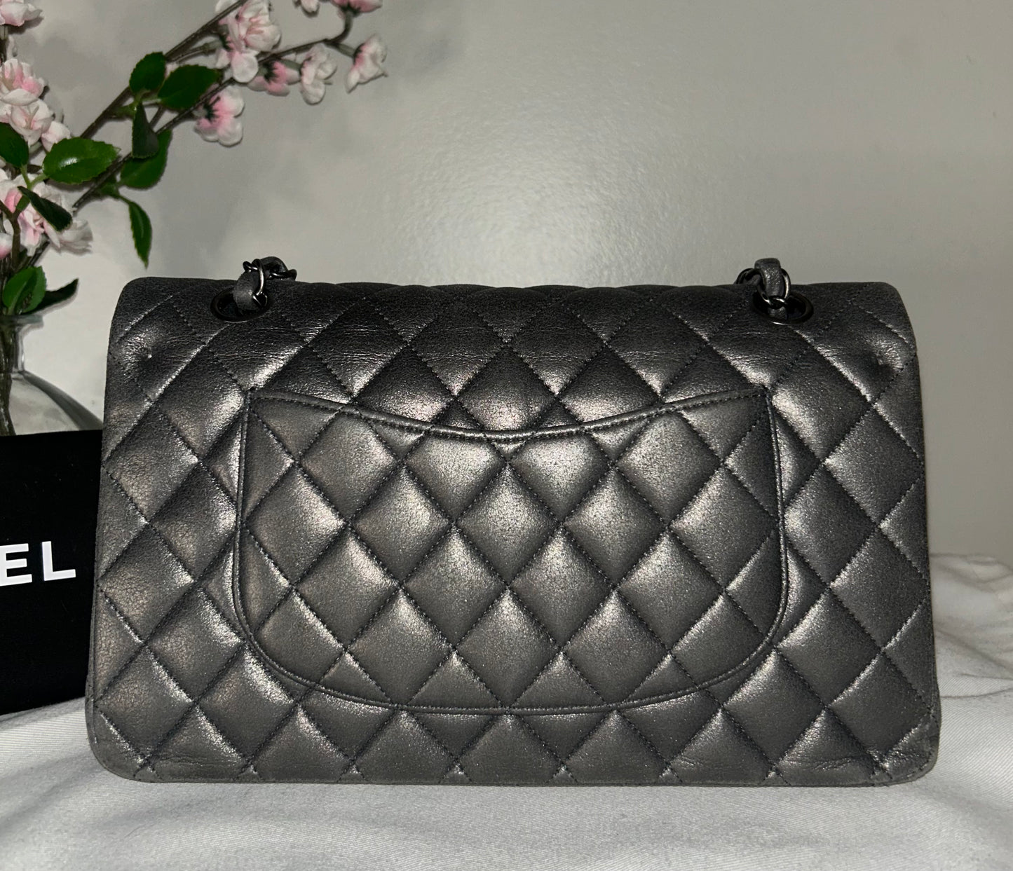 CHANEL Medium Double Flap Metallic Gray Pearlescent Leather Quilted Handbag