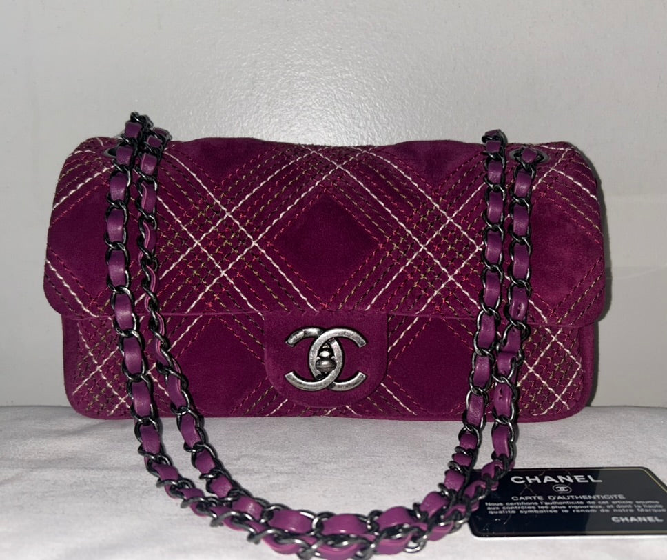 CHANEL Classic Quilted Suede Leather Medium Shoulder Bag Dark Purple