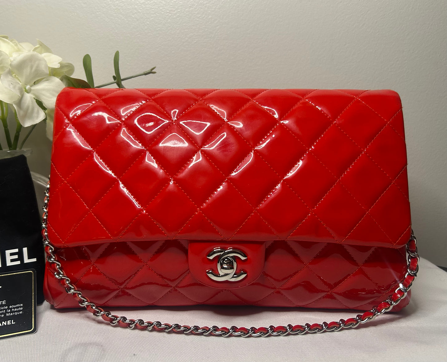 CHANEL CC Classic Quilted Patent Leather Single Flap Shoulder Bag Red
