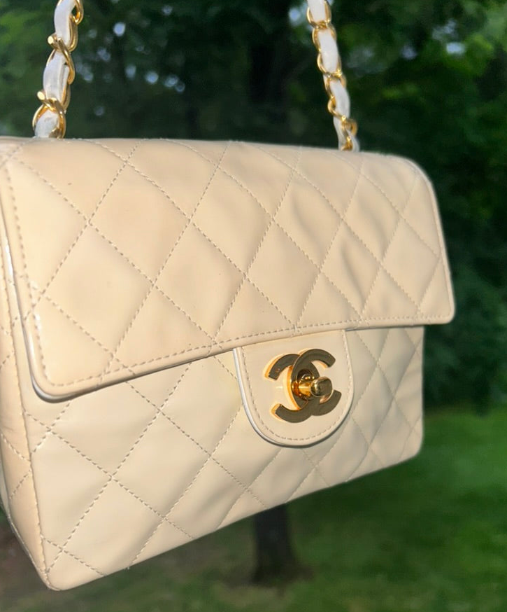 CHANEL Classic CC Half Flap Mini Quilted Patent Leather Crossbody Bag Cream