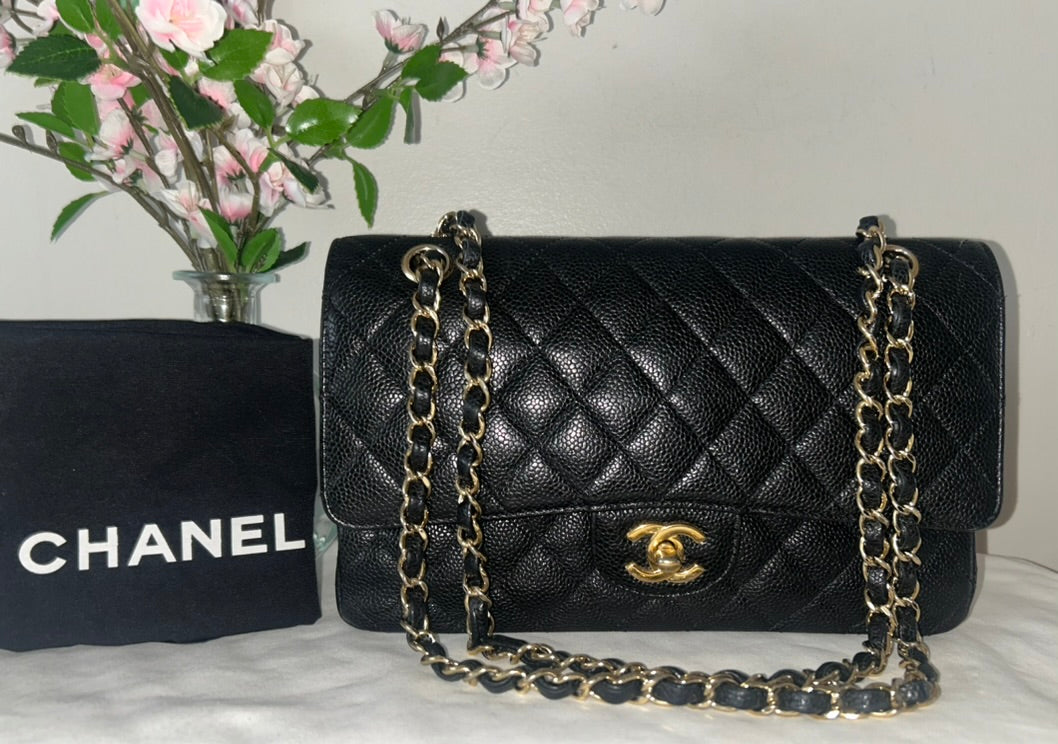 CHANEL Medium Classic Double Flap Caviar Quilted Handbag Black / Gold