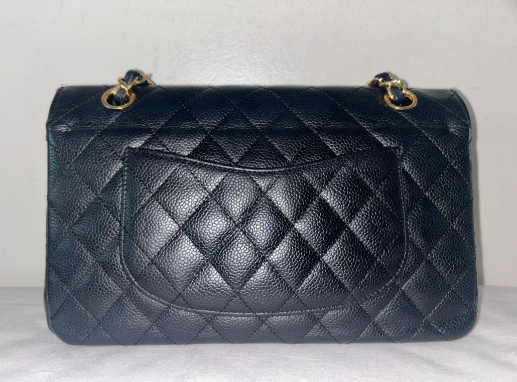 CHANEL Classic Medium Double Flap Quilted Caviar Leather Handbag Black/Gold