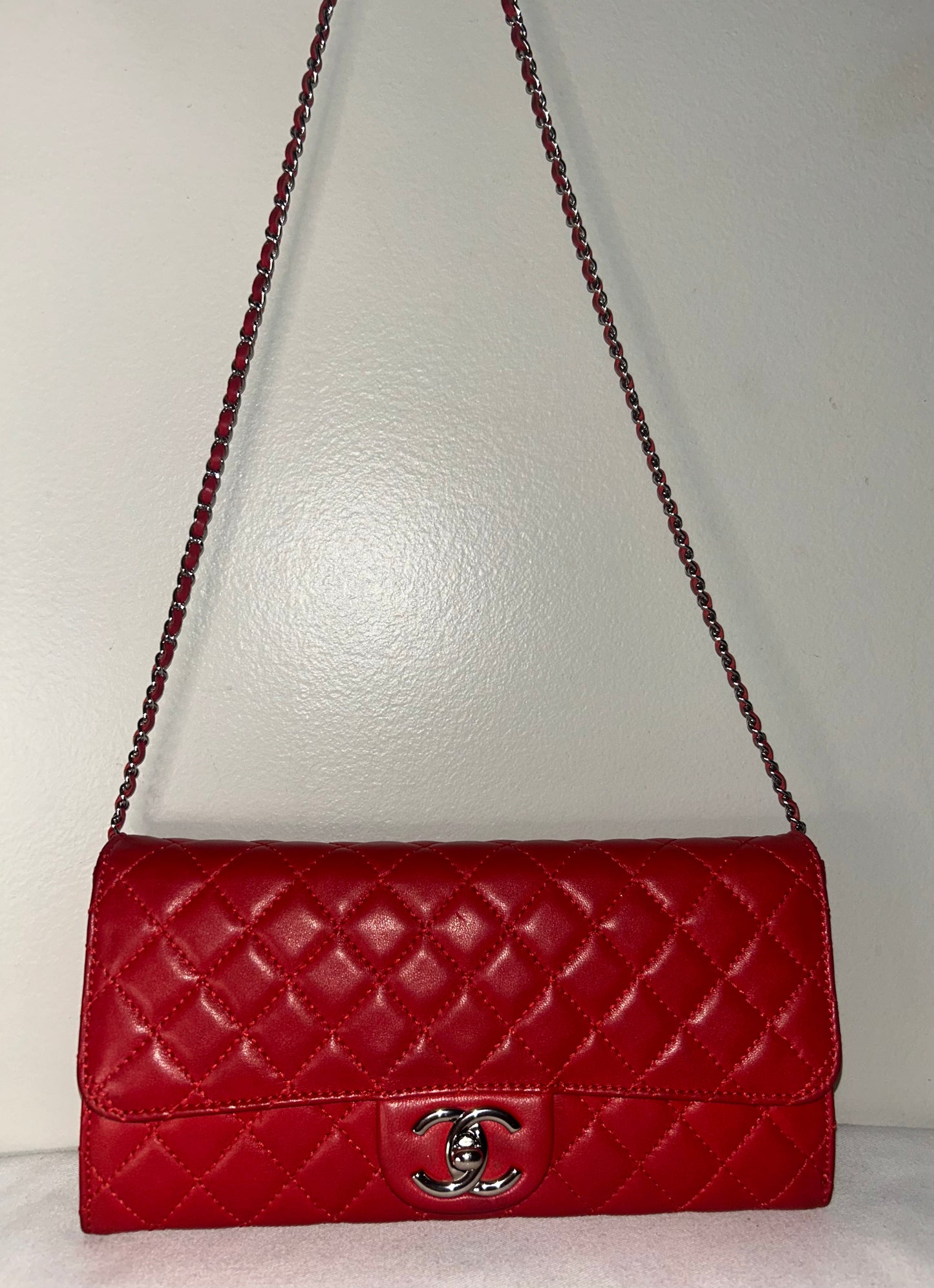 CHANEL Classic Quilted Lambskin Leather East West Shoulder Bag Red