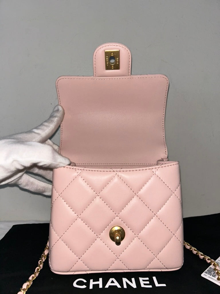 CHANEL 23S Mini Square Top Handle Flap Lambskin Leather Light Pink/Gold