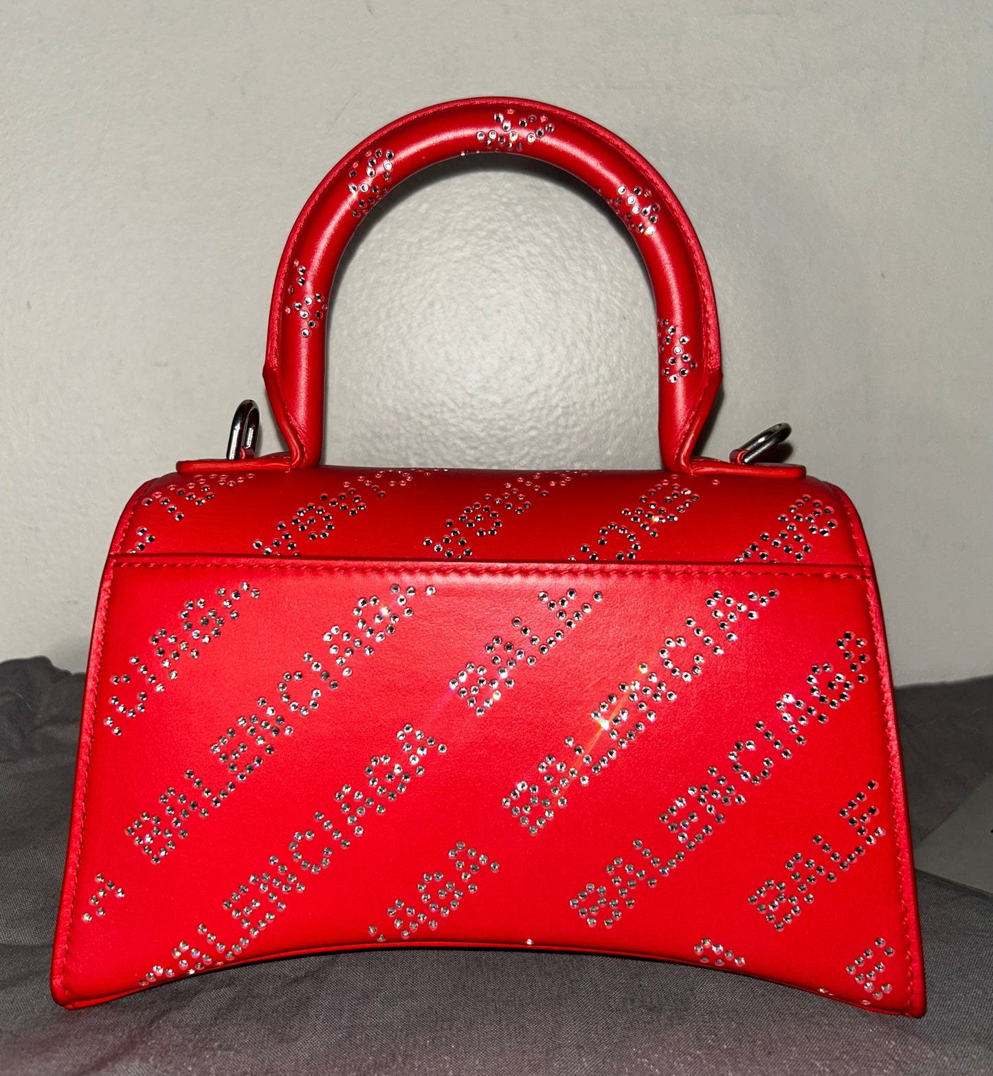 BALENCIAGA Hourglass XS Crystal Rhinestone Logo Leather Handbag Red