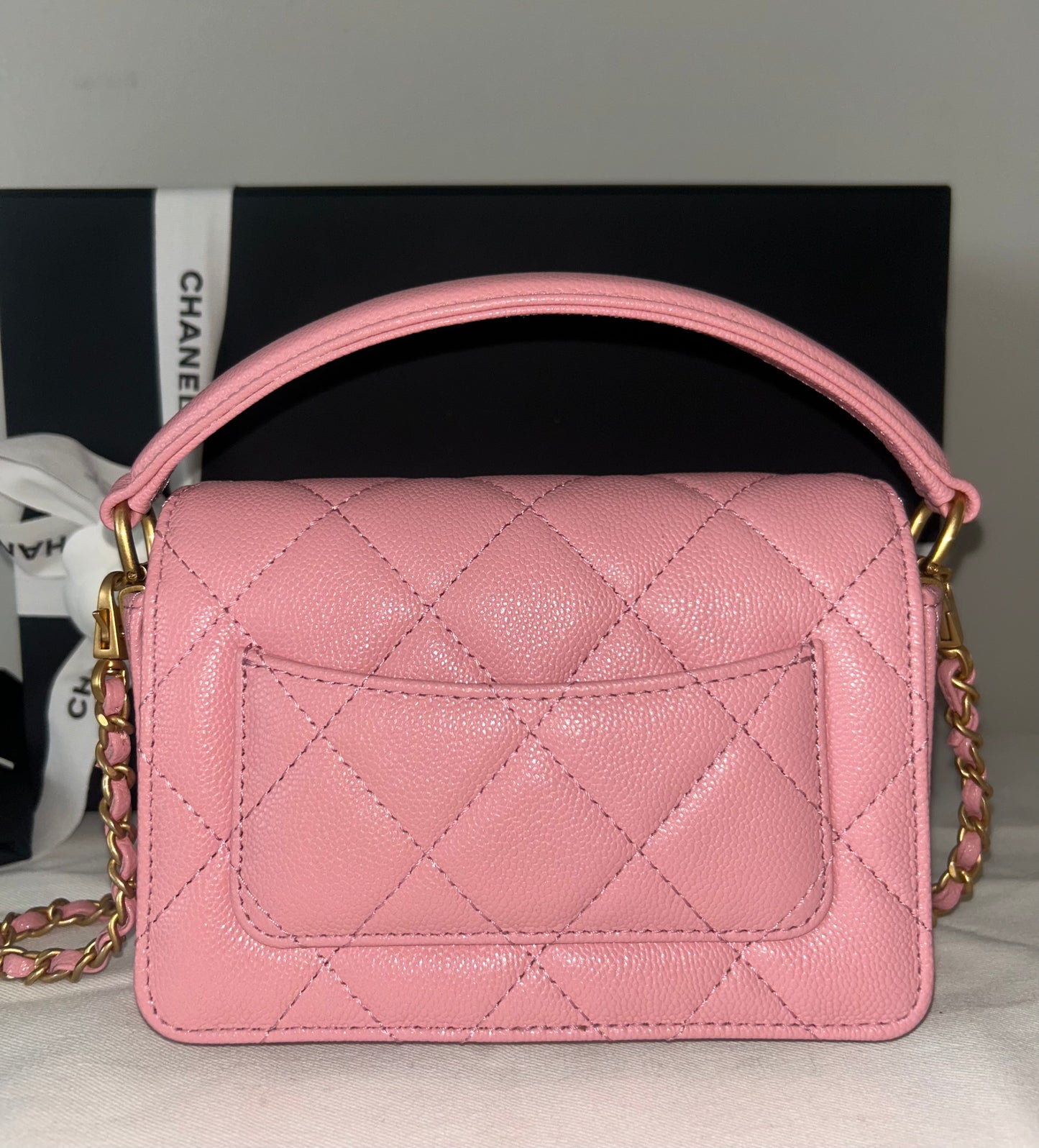 NEW! CHANEL 24K Mini Top Handle Flap Bag Quilted Caviar Light Pink / Gold HW