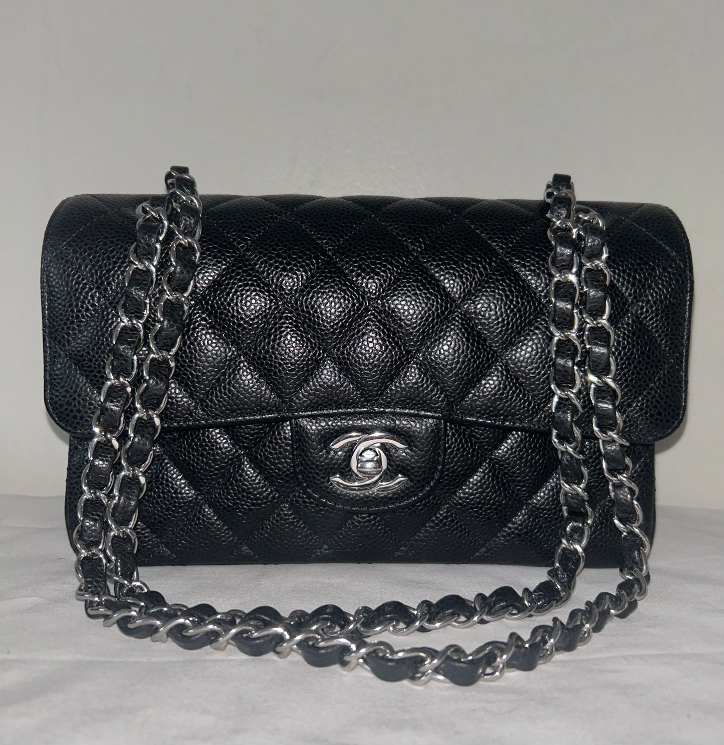 CHANEL Classic CC Small Double Flap Quilted Caviar Handbag Black