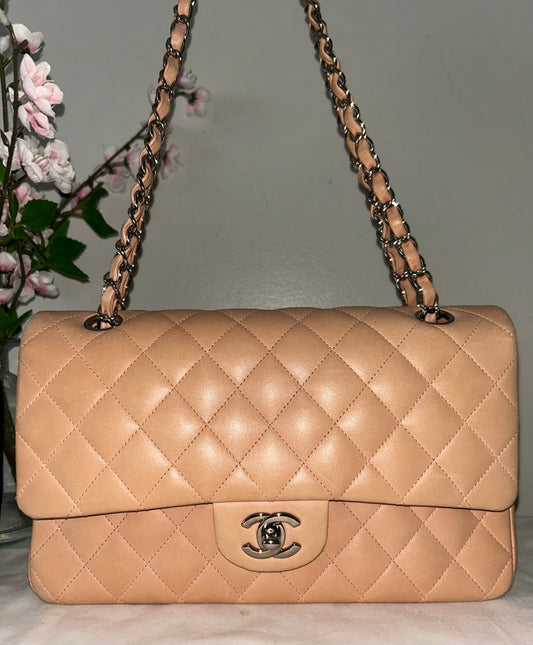 CHANEL Classic Medium Double Flap Lambskin Quilted Handbag Pink Peach