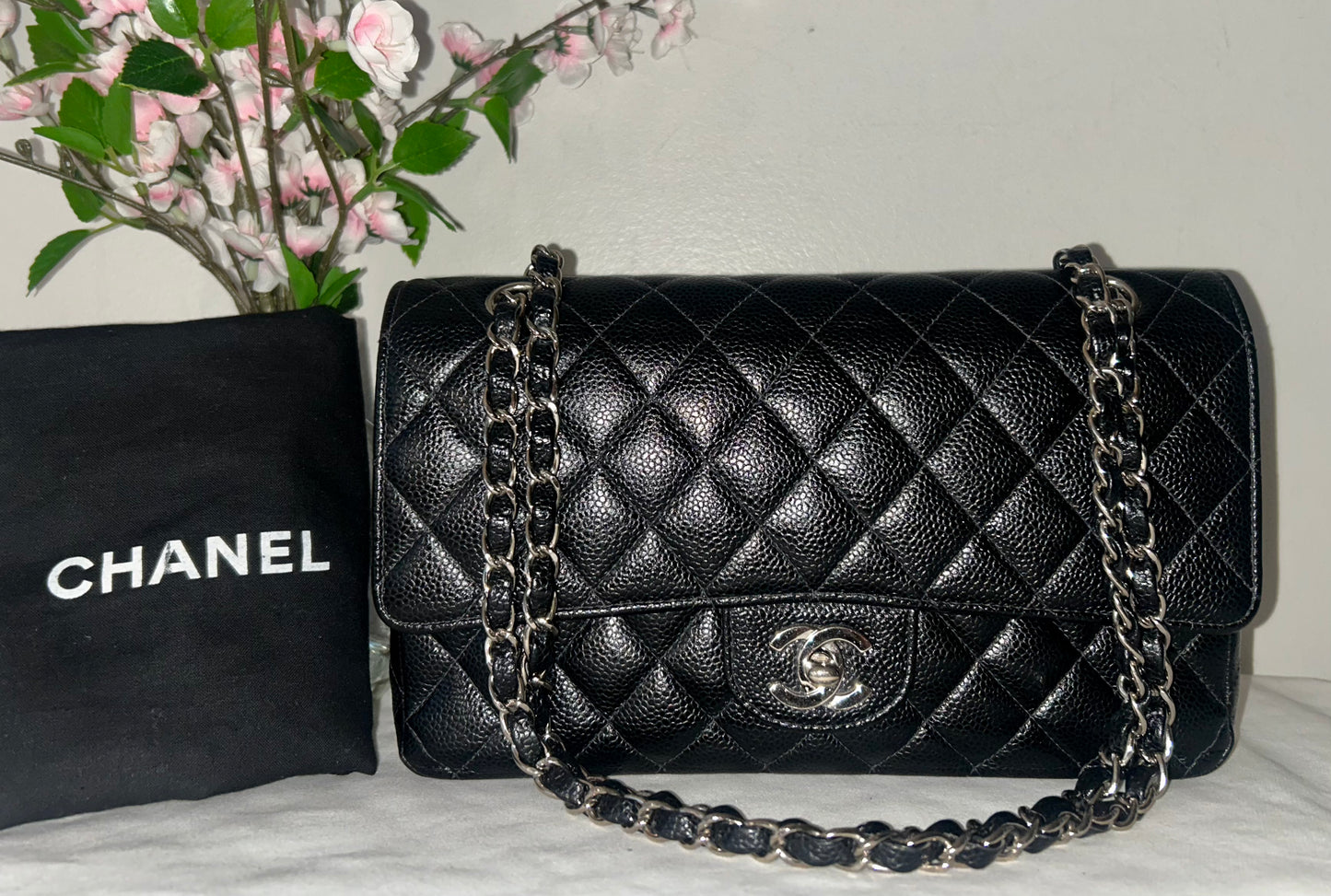 CHANEL Medium Classic Double Flap Caviar Quilted Handbag Black