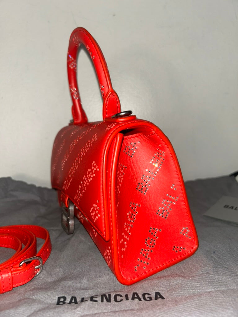 BALENCIAGA Hourglass XS Crystal Rhinestone Logo Leather Handbag Red