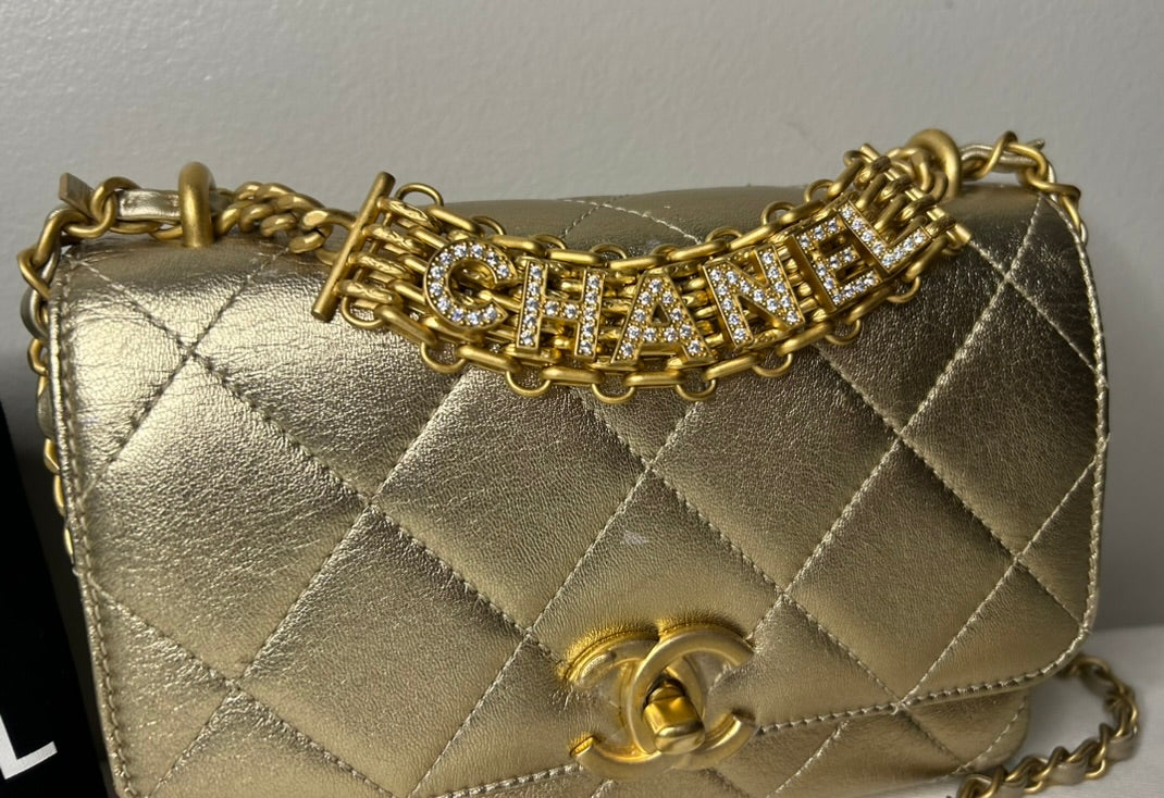 CHANEL CC Crystal Logo Metallic Mini Flap Bag Quilted Lambskin Gold