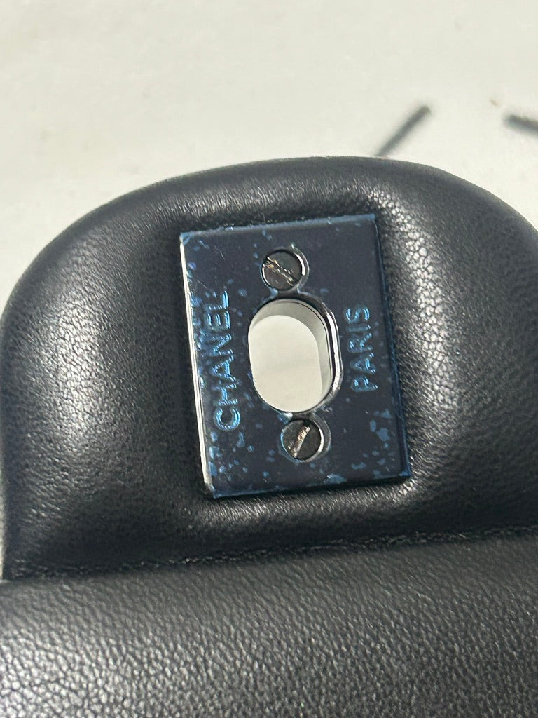 CHANEL Graffiti Newspaper Logo Medium Double Flap Lambskin Handbag Black/Silver