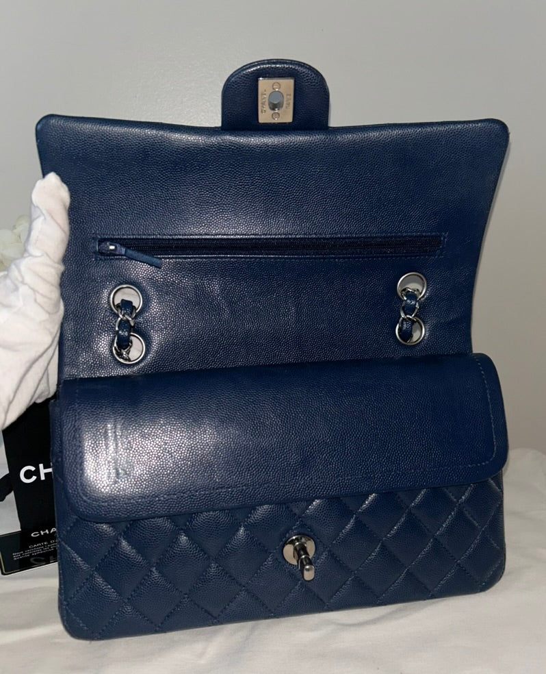 CHANEL Medium Classic Double Flap Caviar Quilted Handbag Dark Navy