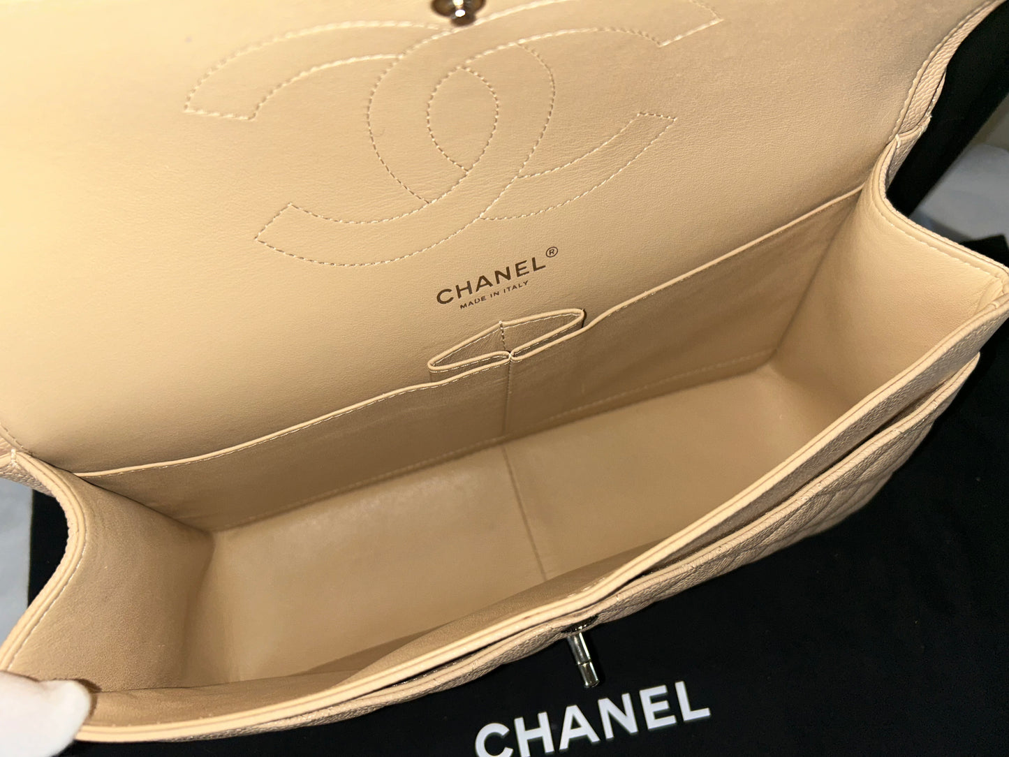 CHANEL Classic Jumbo Double Flap Quilted Caviar Leather Handbag Beige Clair