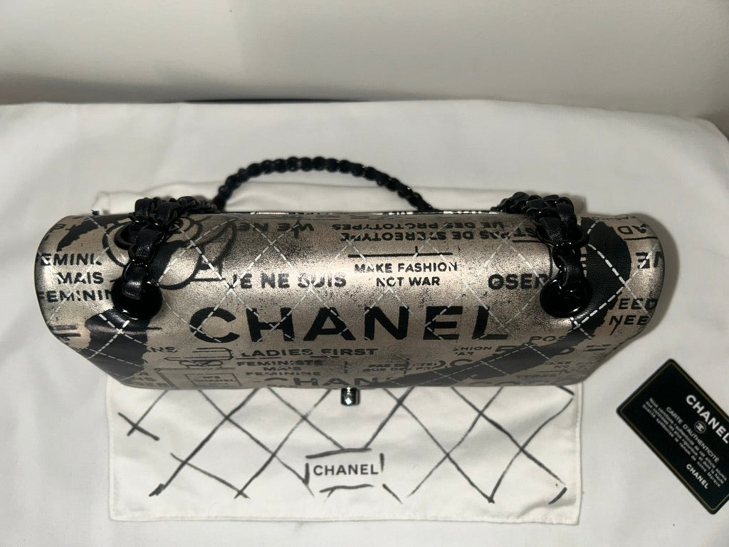 CHANEL Graffiti Newspaper Logo Medium Double Flap Lambskin Handbag Black/Silver