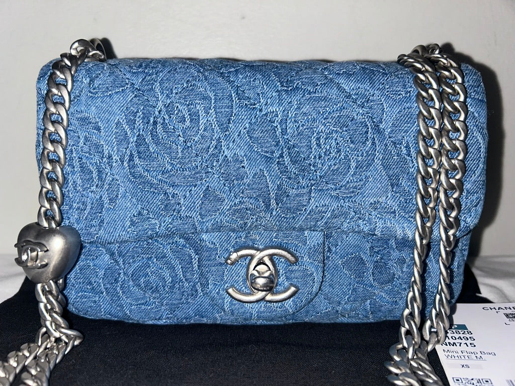 CHANEL 23P Sweetheart Crush Mini Flap Camellia Quilted Denim Blue Bag