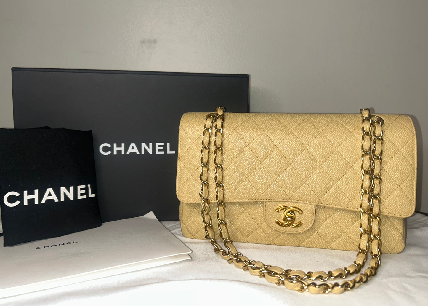 CHANEL Medium Classic Double Flap Caviar Quilted Handbag Beige Clair / 24k Gold