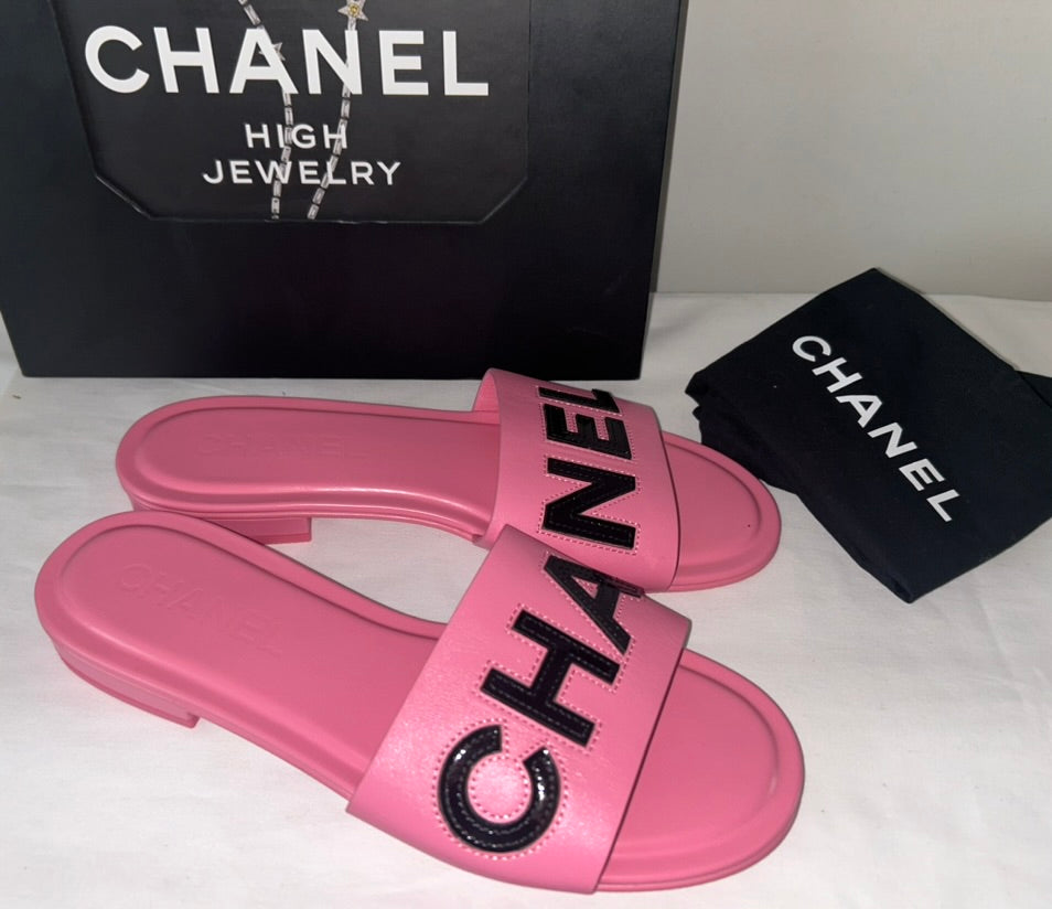 CHANEL 23S ‘CHA NEL’ Logo Leather Mules Sandal Pink Size 39