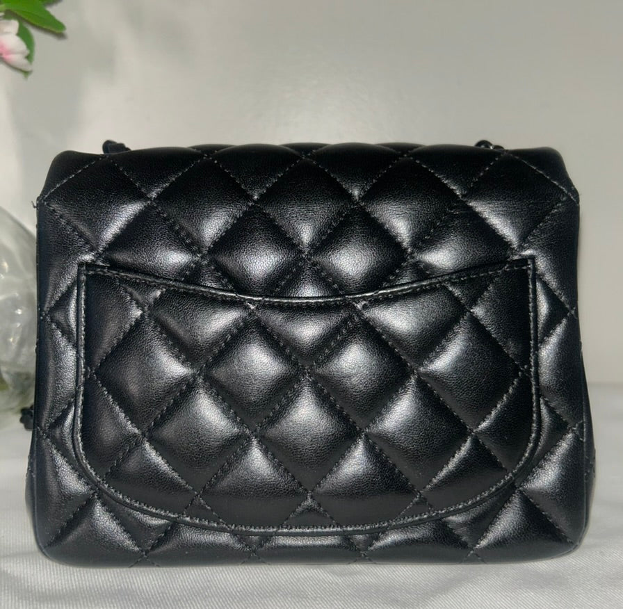 CHANEL "So Black" Mini Square Classic Flap Bag Quilted Lambskin Black