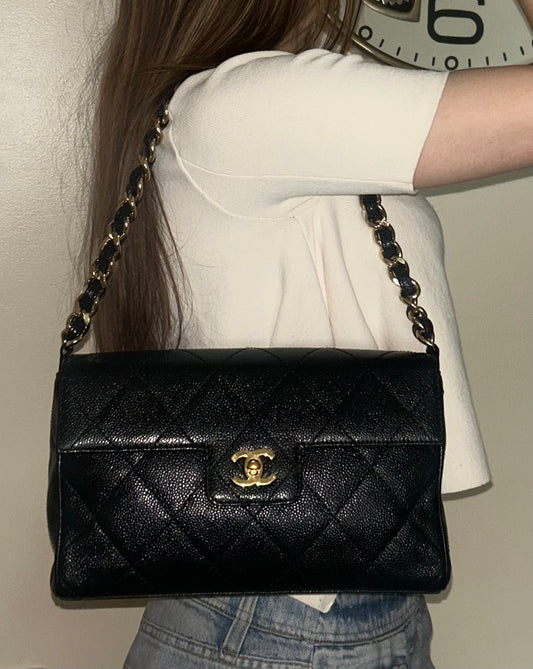 CHANEL Medium Classic Single Flap Quilted Caviar Handbag Black / 24k Gold RARE