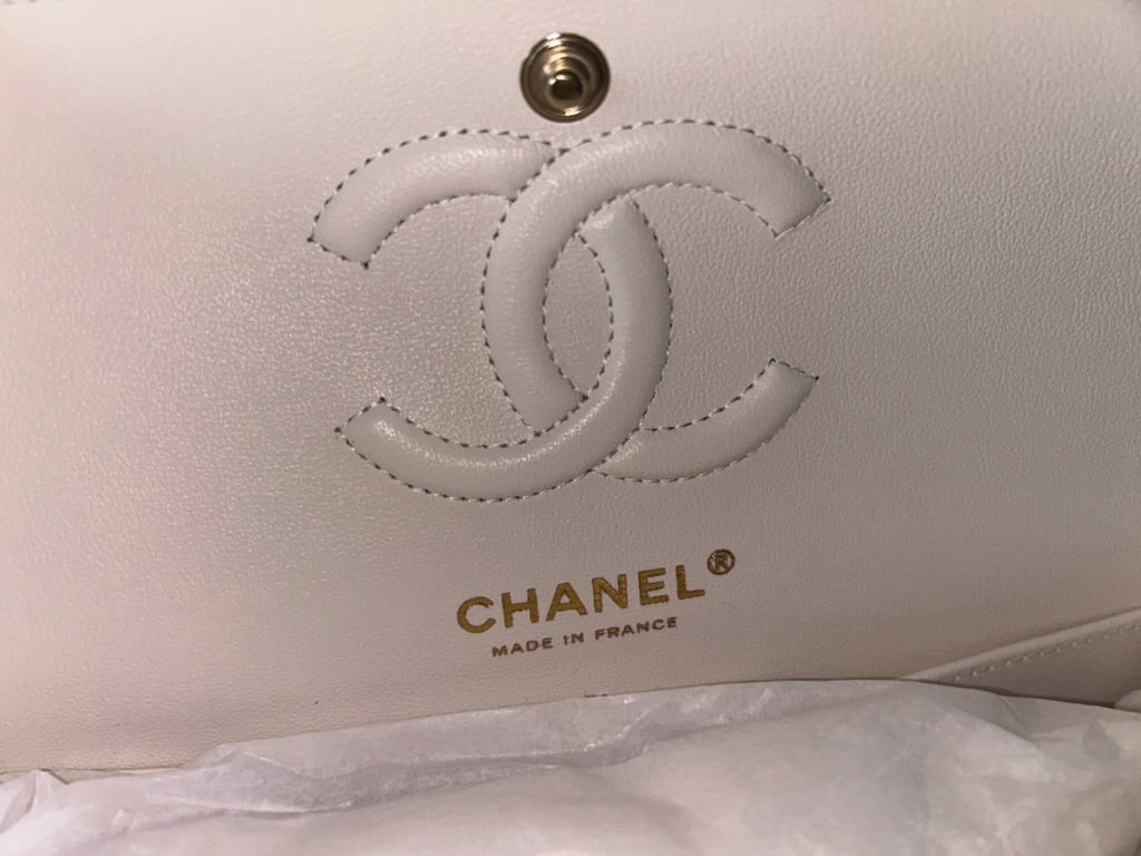 CHANEL 23K Small Classic Double Flap Caviar Handbag White