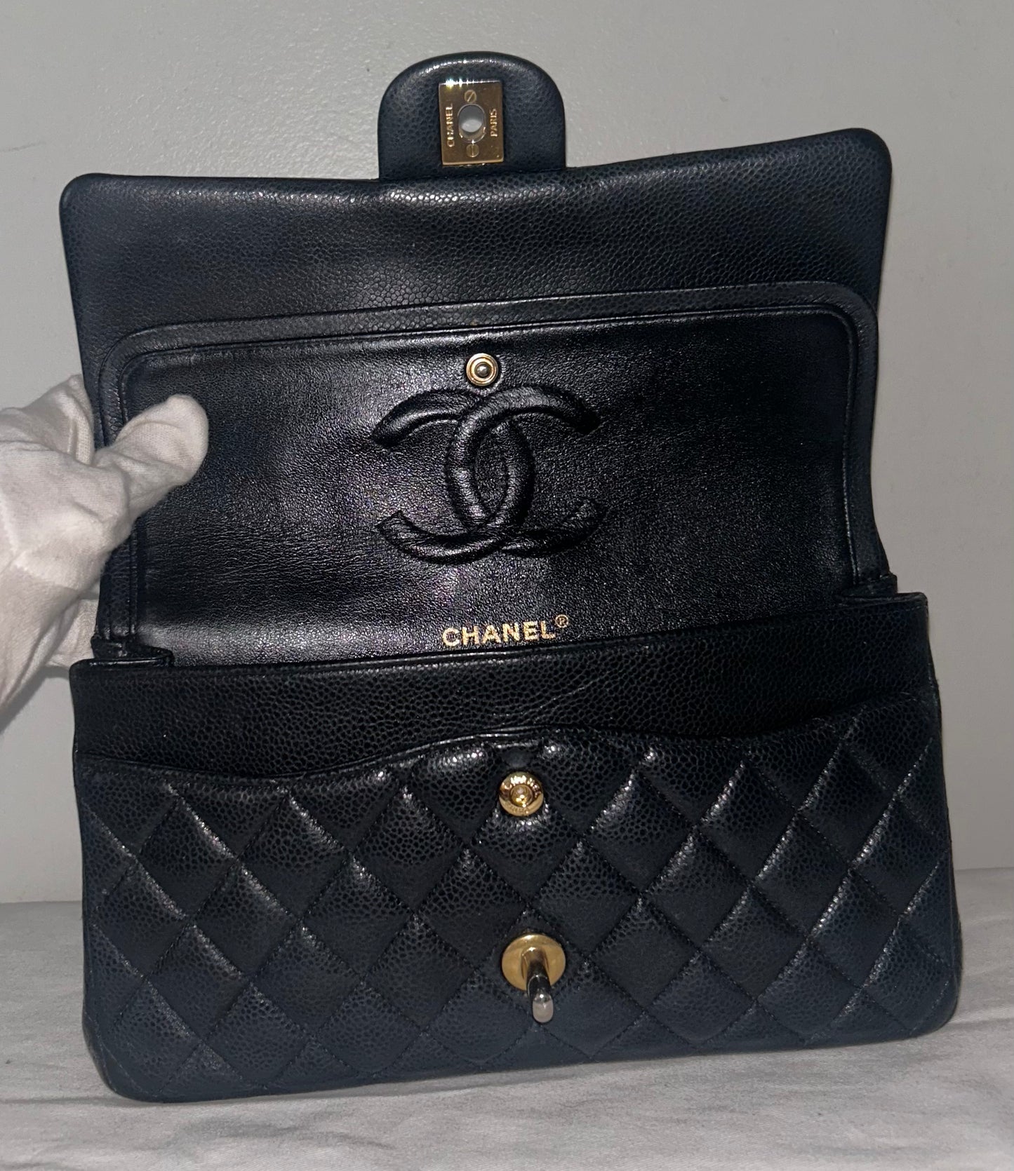 CHANEL Classic Medium Double Flap Quilted Caviar Handbag Black/Gold