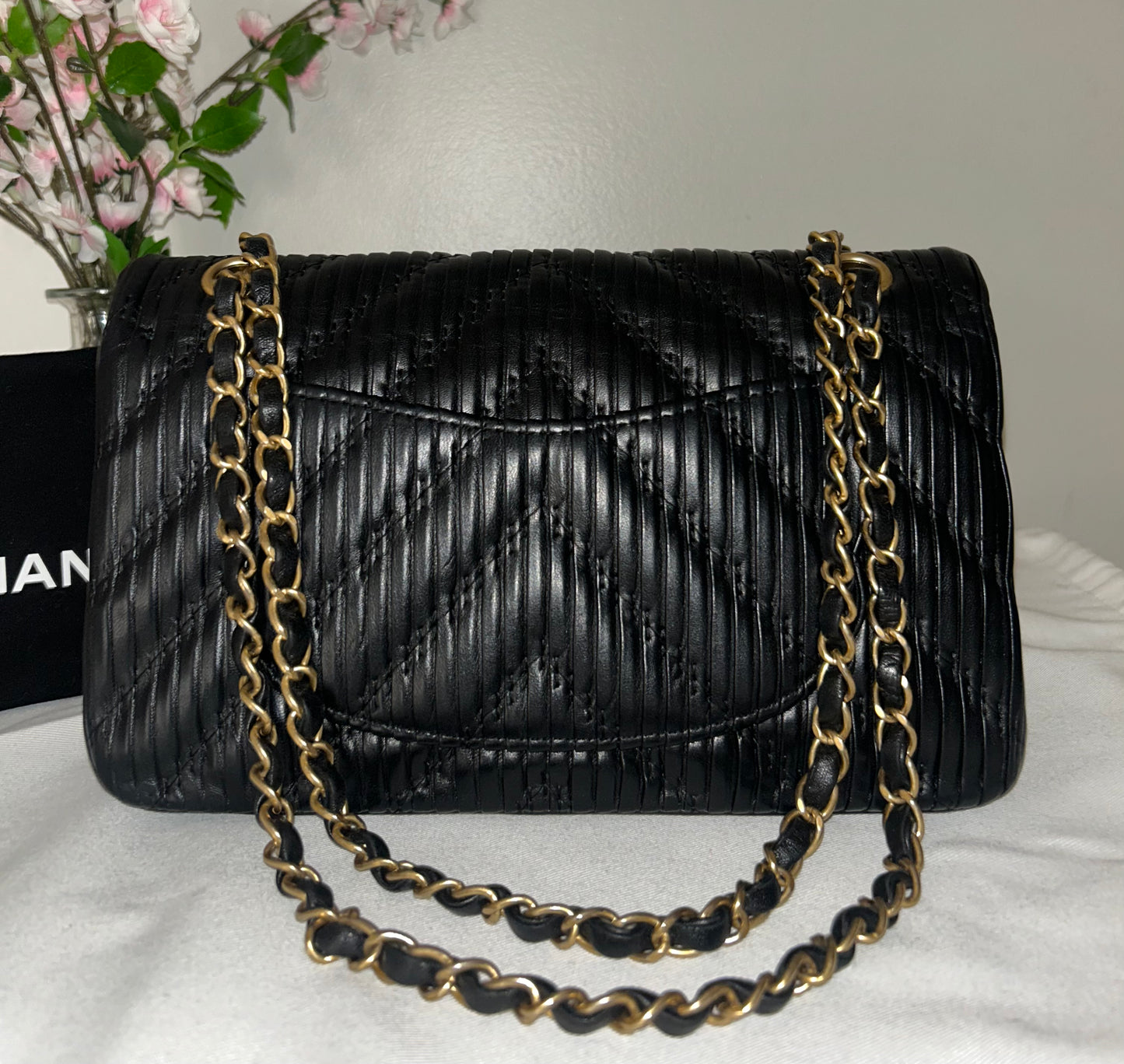 CHANEL Medium Classic Double Flap Pleated Calfskin Handbag Black / Gold