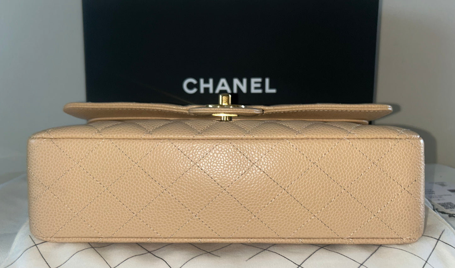 CHANEL 23S Classic Medium Double Flap Caviar Quilted Handbag Beige Clair/ Gold