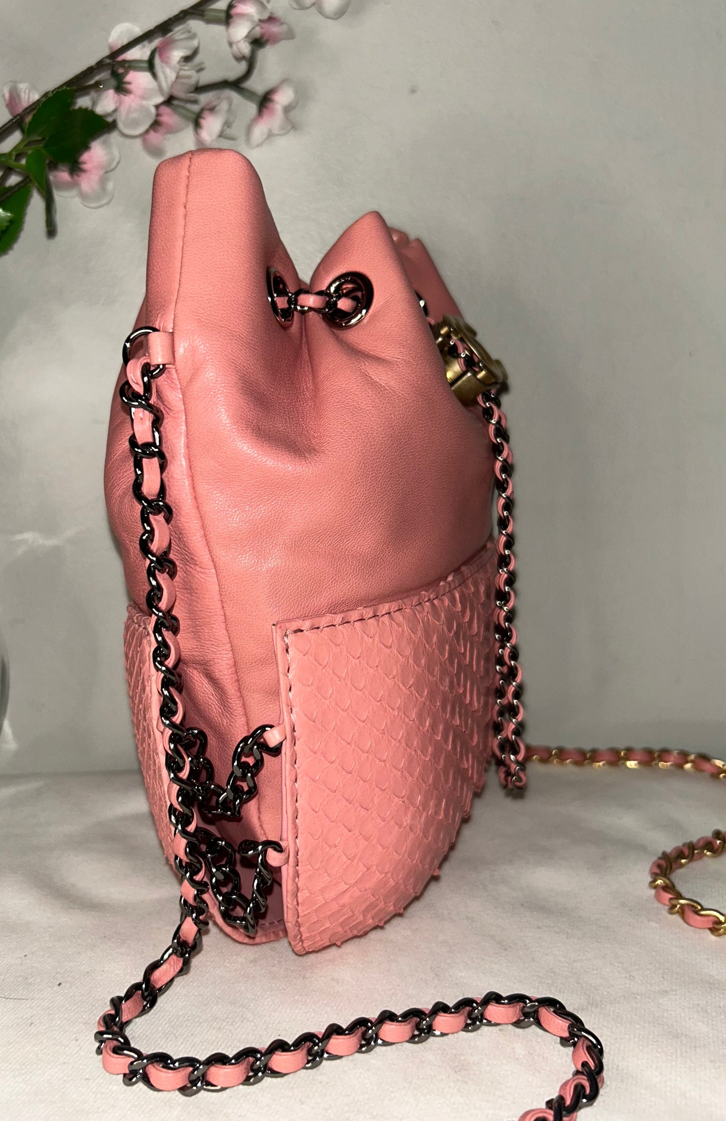 CHANEL Gabrielle Python Snakeskin Small Crossbody Bag in Rose Pink