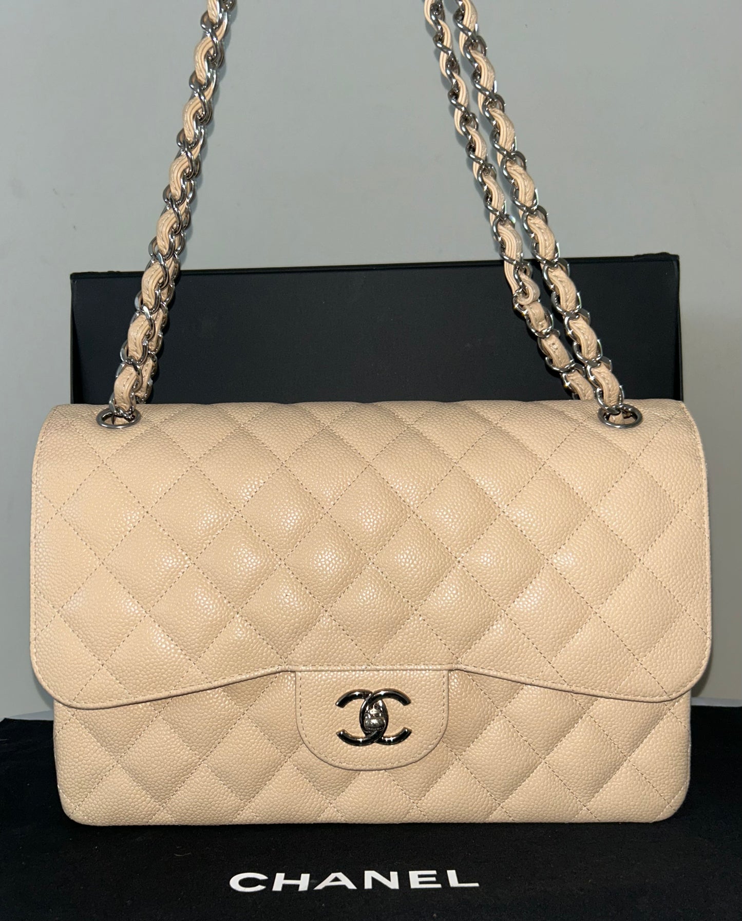 CHANEL Classic Jumbo Double Flap Quilted Caviar Leather Handbag Beige Clair