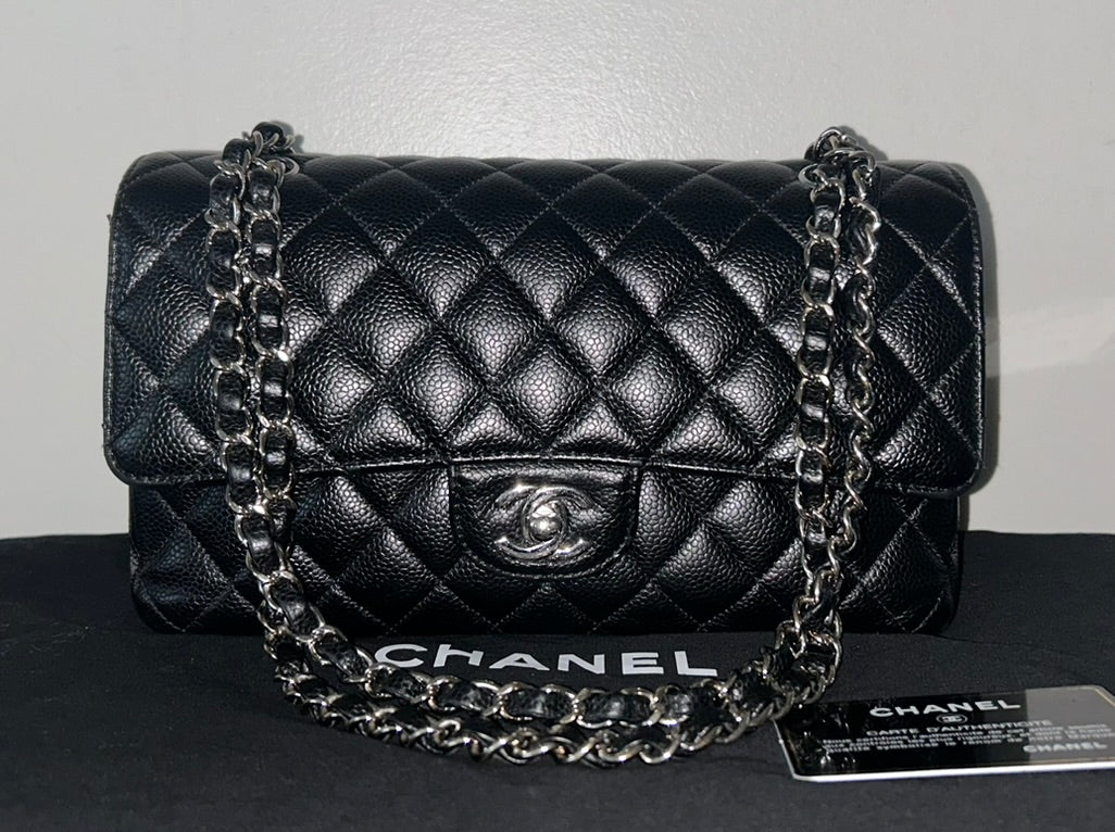 CHANEL Classic Medium Double Flap Quilted Caviar Leather Handbag Black