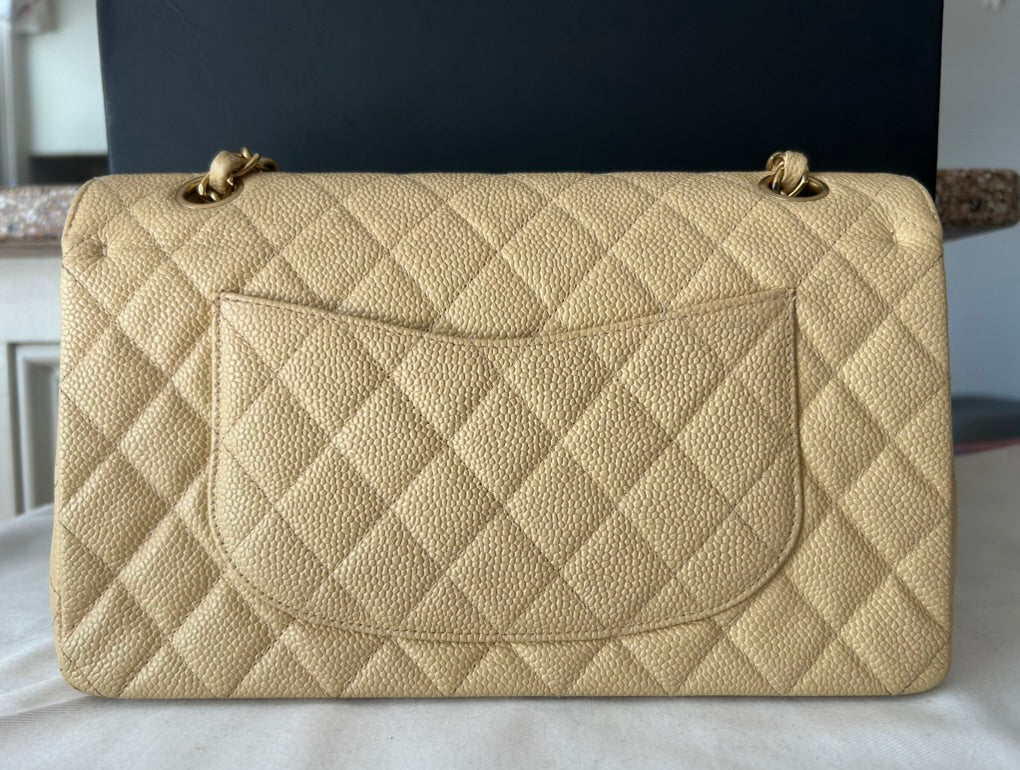 CHANEL Medium Classic Double Flap Caviar Quilted Handbag Beige Clair / 24k Gold