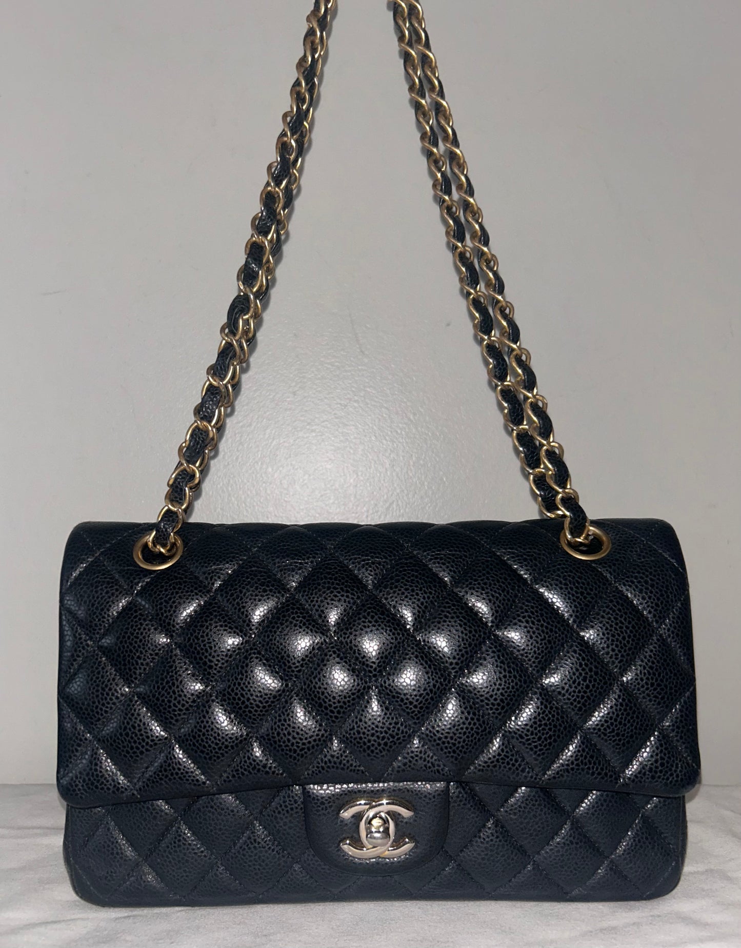 CHANEL Classic Medium Double Flap Quilted Caviar Handbag Black/Gold