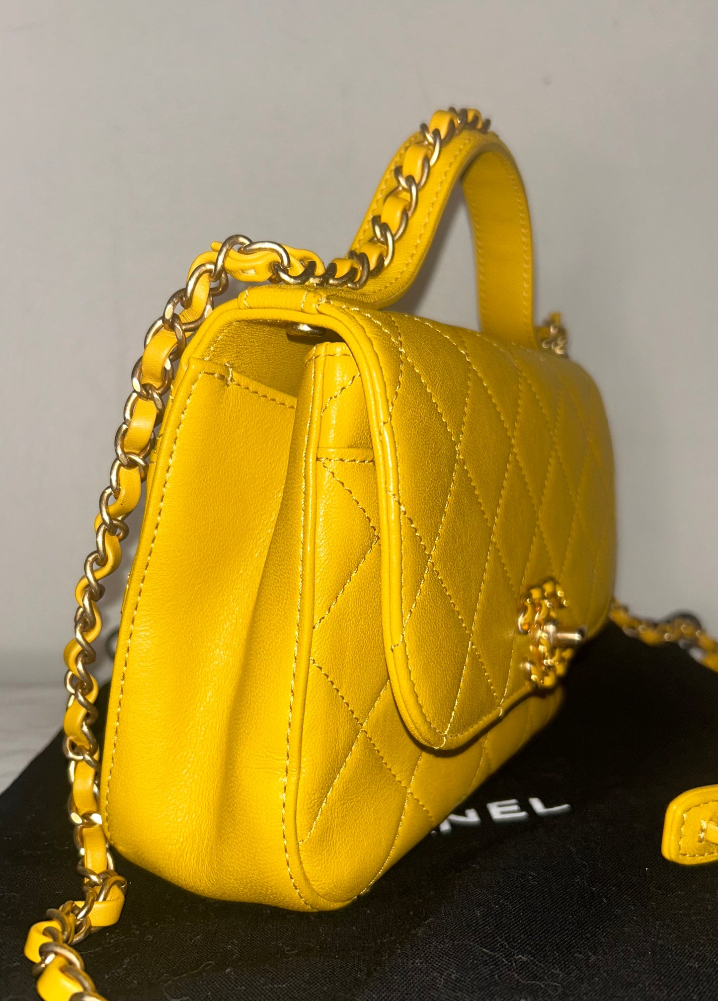 CHANEL 19 Small Chain Infinity Top Handle Bag Quilted Lambskin Leather Yellow