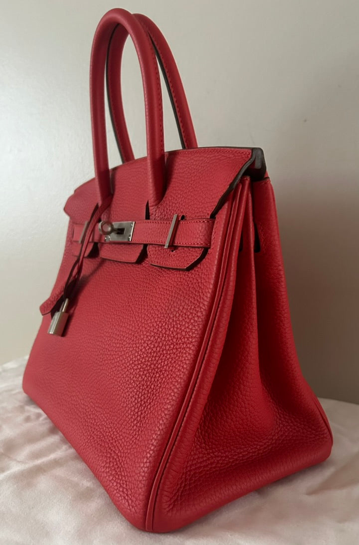 HERMES Birkin 30 Rouge Tomate Clemence Leather Palladium Hardware Handbag