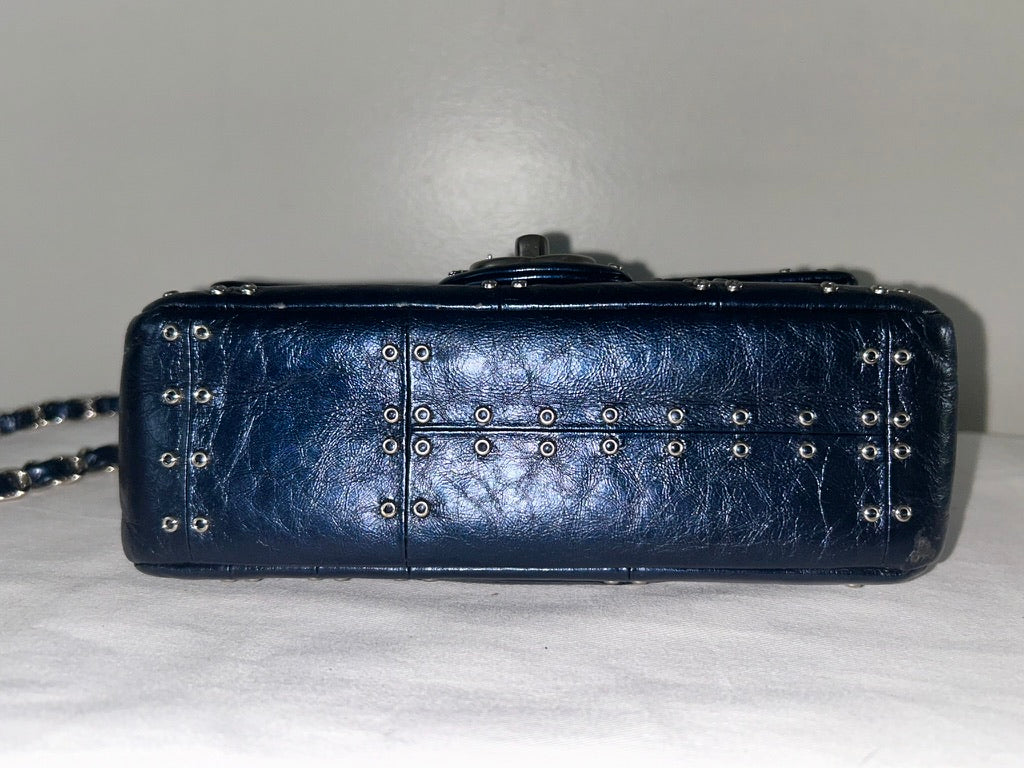 CHANEL CC Airlines Mini Flap Bag Grommet Studded Leather Navy Blue