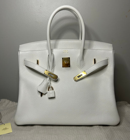 HERMÈS Birkin 35 Blanc White Clemence Leather Gold Hardware Handbag