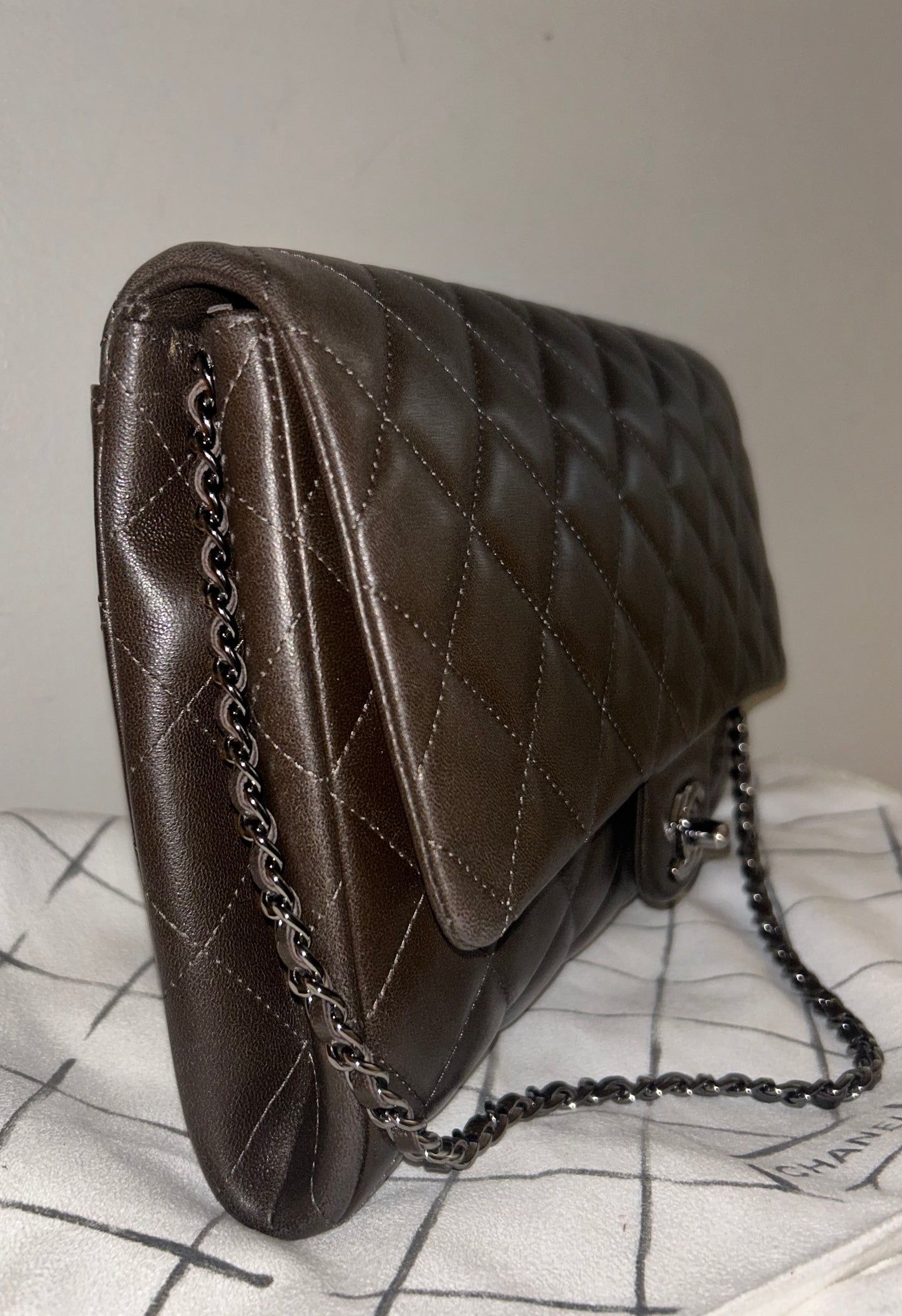 CHANEL Classic CC Quilted Flap Shoulder Bag Lambskin Leather Dark Brown