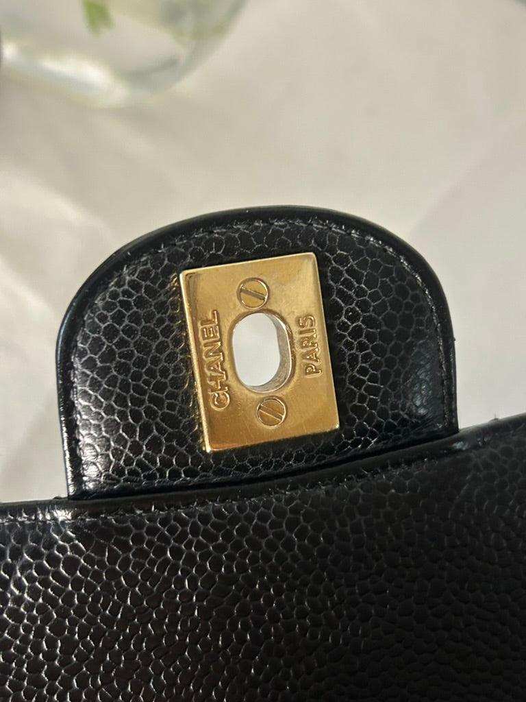 CHANEL Medium Classic Double Flap Caviar Quilted Handbag Black / Gold