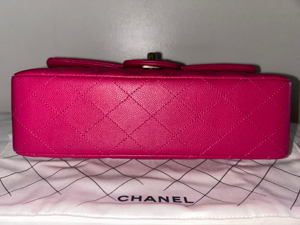 CHANEL 21A Classic CC Small Double Flap Quilted Caviar Handbag Pink/Light Gold