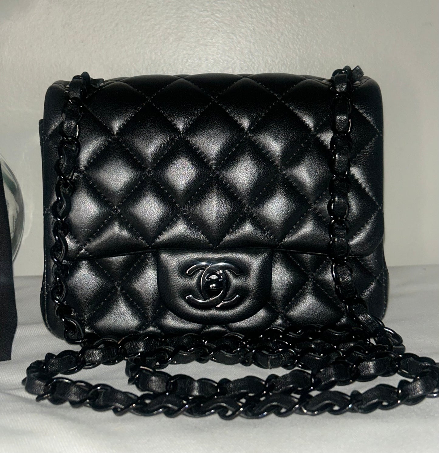 CHANEL "So Black" Mini Square Classic Flap Bag Quilted Lambskin Black