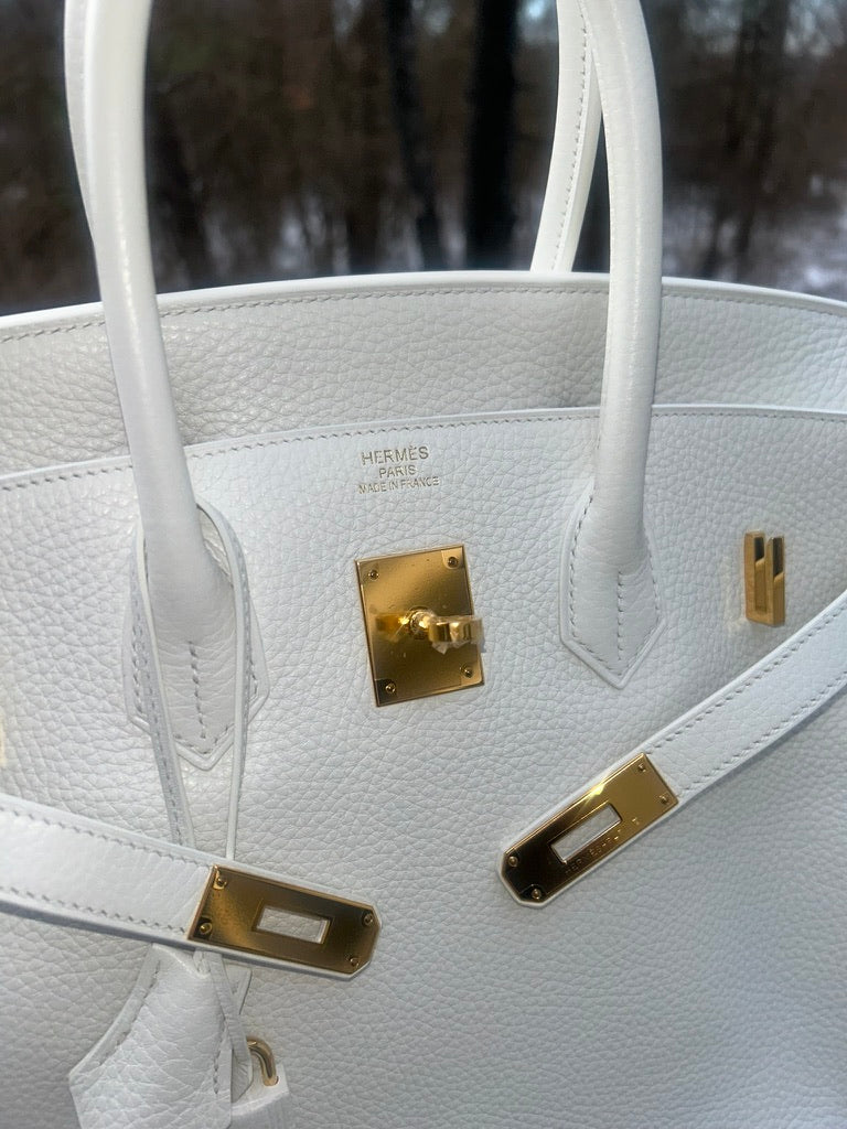 HERMÈS Birkin 35 Blanc White Clemence Leather Gold Hardware Handbag