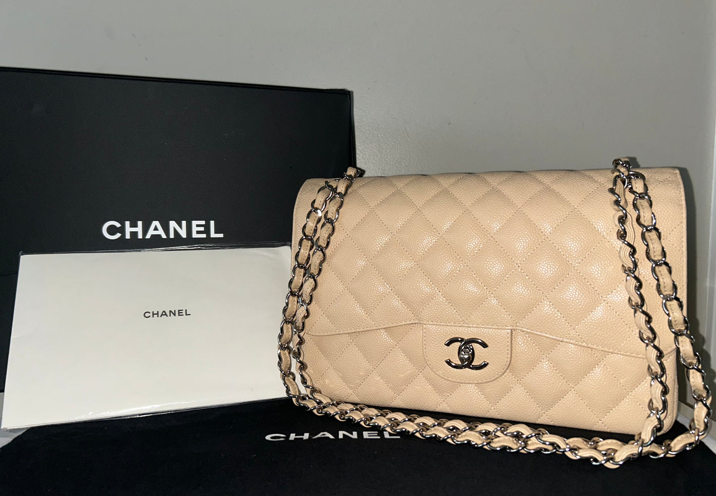 CHANEL Classic Jumbo Double Flap Quilted Caviar Leather Handbag Beige Clair