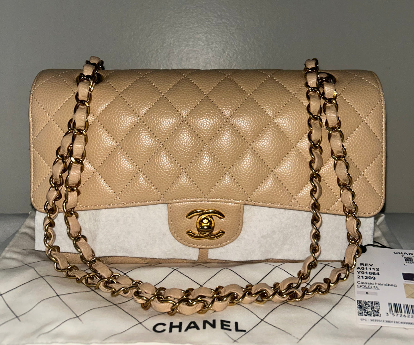 CHANEL 23S Classic Medium Double Flap Caviar Quilted Handbag Beige Clair/ Gold