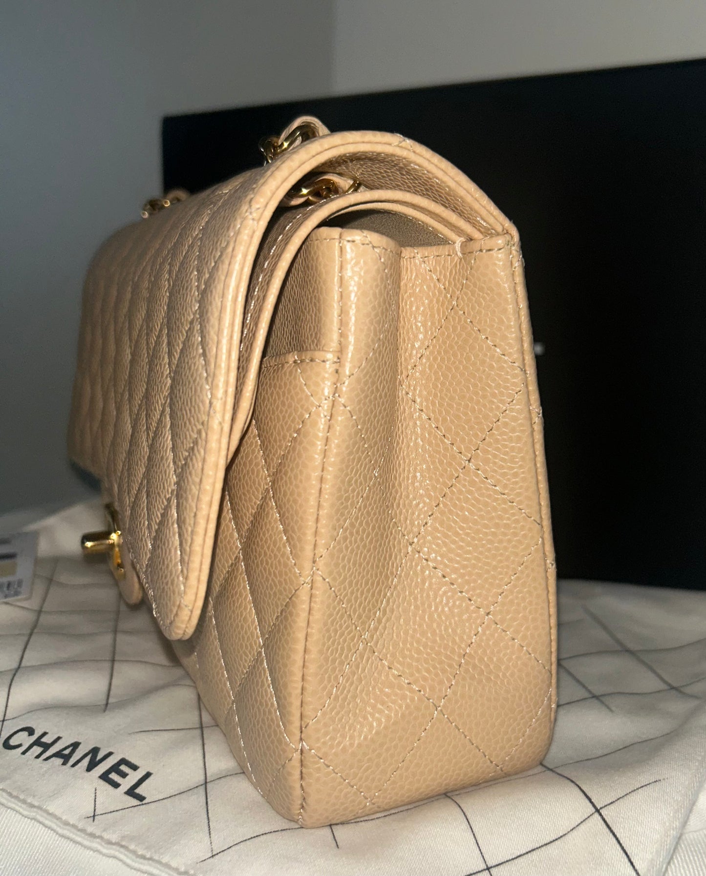 CHANEL 23S Classic Medium Double Flap Caviar Quilted Handbag Beige Clair/ Gold