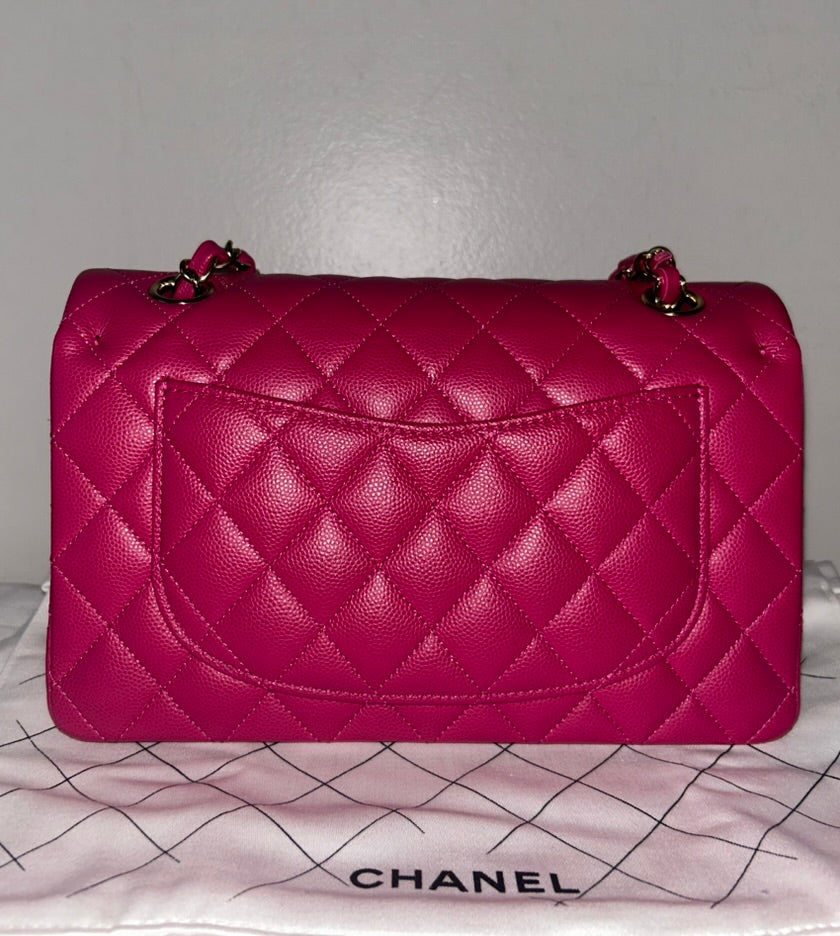 CHANEL 21A Classic CC Small Double Flap Quilted Caviar Handbag Pink/Light Gold