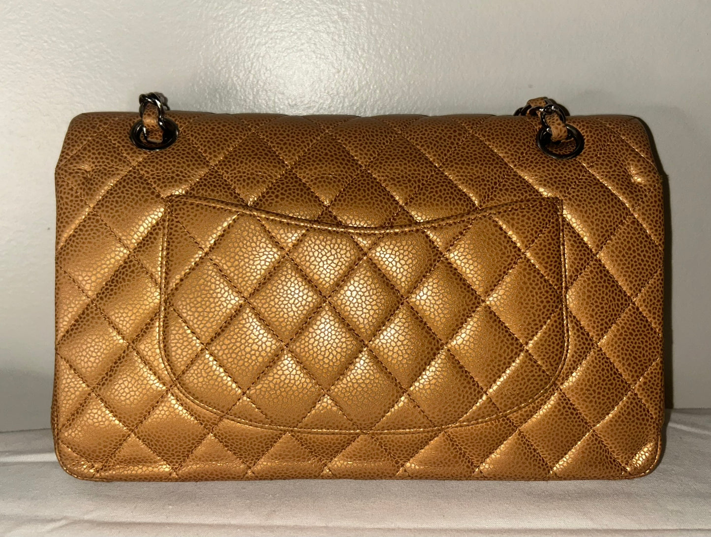 CHANEL Classic Medium Double Flap Metallic Caviar Leather Handbag Golden