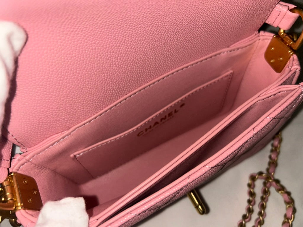 NEW! CHANEL 24K Mini Top Handle Flap Bag Quilted Caviar Light Pink / Gold HW