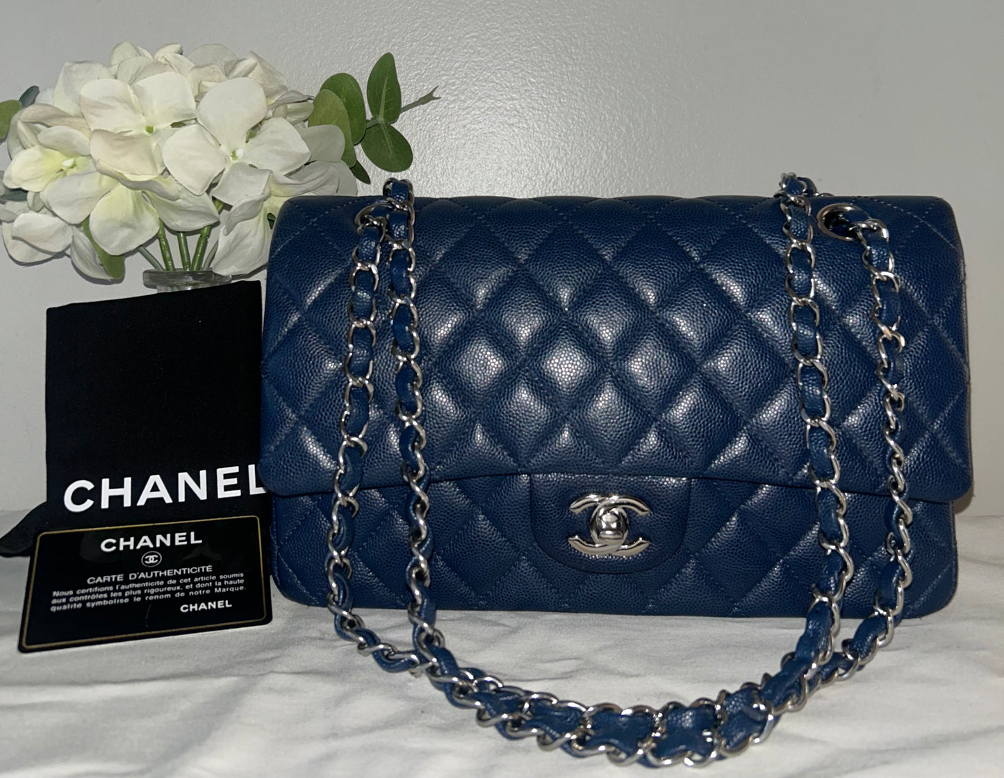 CHANEL Medium Classic Double Flap Caviar Quilted Handbag Dark Navy