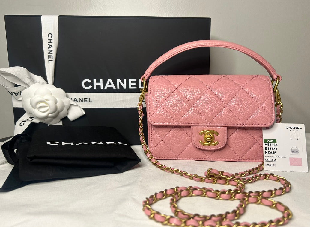 NEW! CHANEL 24K Mini Top Handle Flap Bag Quilted Caviar Light Pink / Gold HW